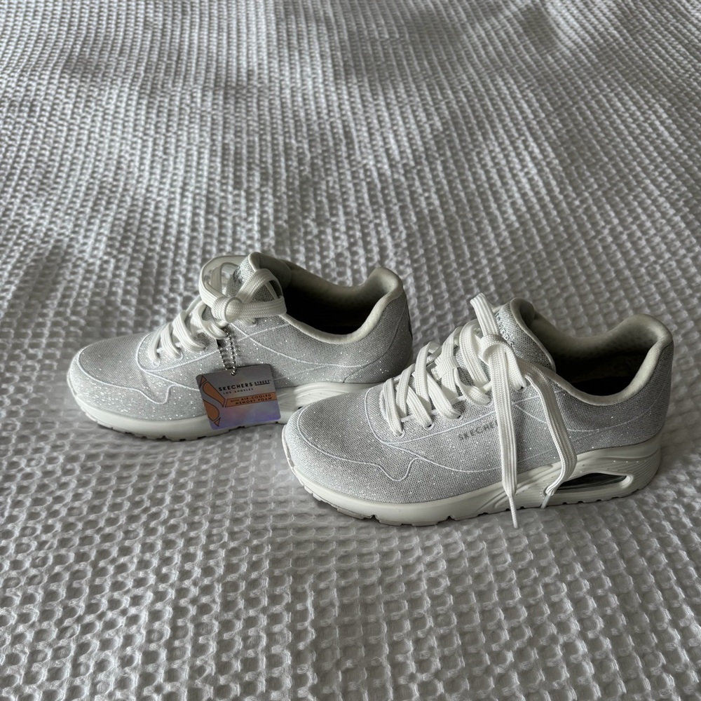 Skechers-Street Los Angeles Sparkle grey White Lace-Up Platform Sneakers NWT 7